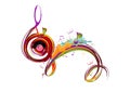 Abstract musical design with a treble clef and colorful splashes, notes and waves. Royalty Free Stock Photo